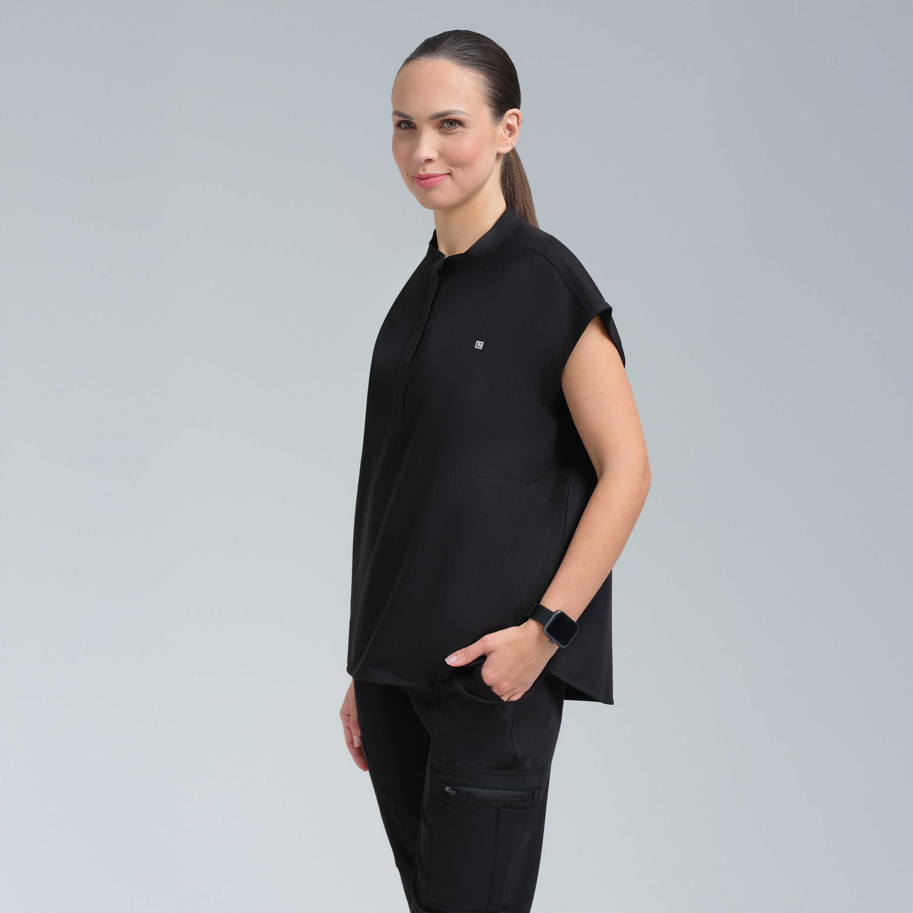 Alexandra Oversized Three Pocket Scrub Top Black