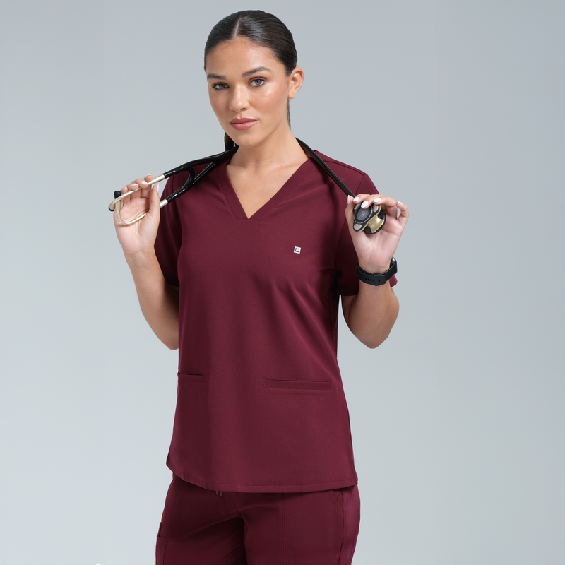 Athena Three Pocket Scrub Top Burgundy