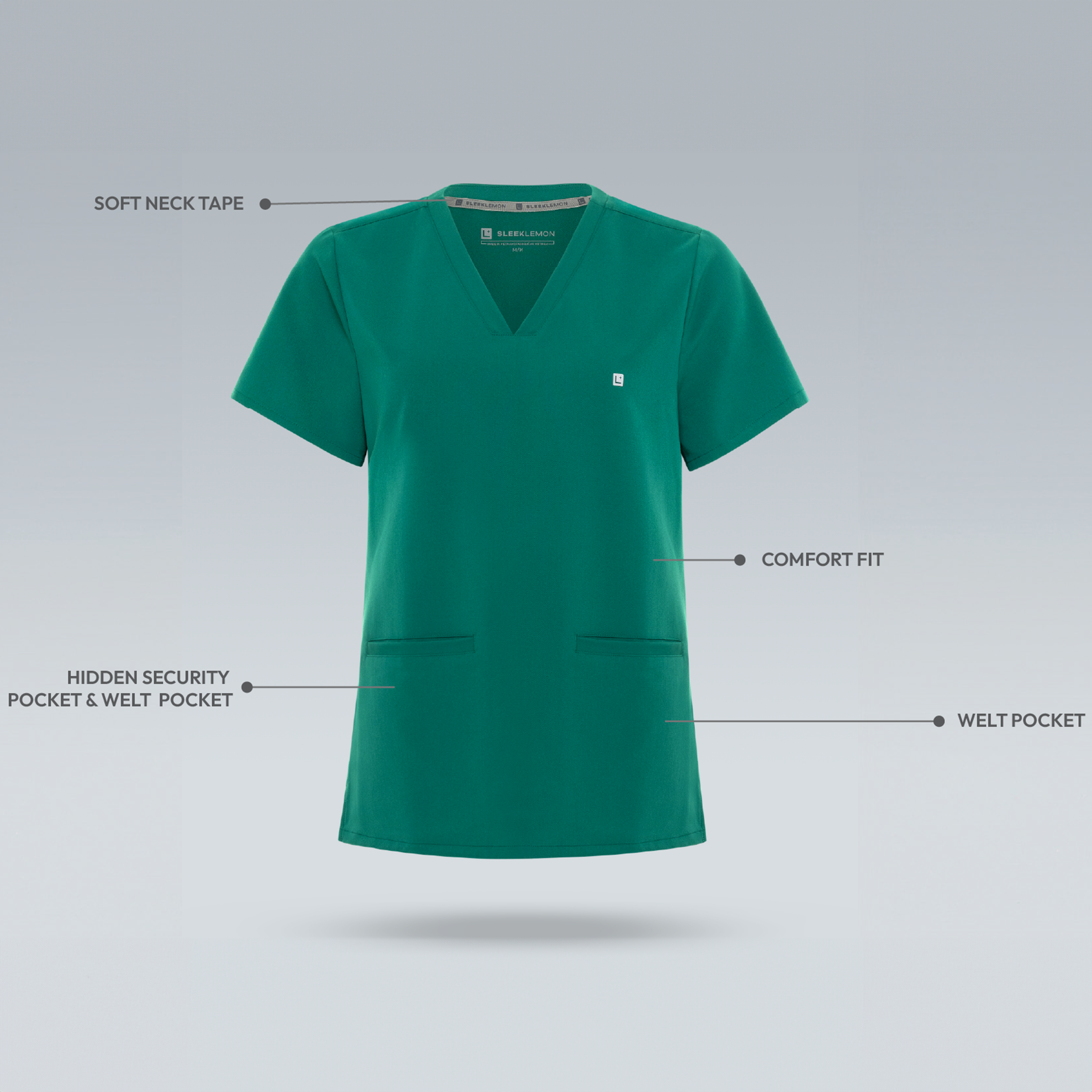 Green scrub top with labeled callouts showing soft neck tape, comfort fit, welt pocket, and hidden security pocket & welt pocket on a light gray background.