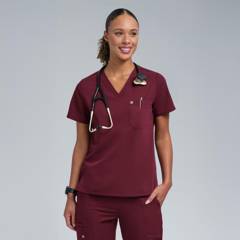 Calypso One Pocket Scrub Top Burgundy