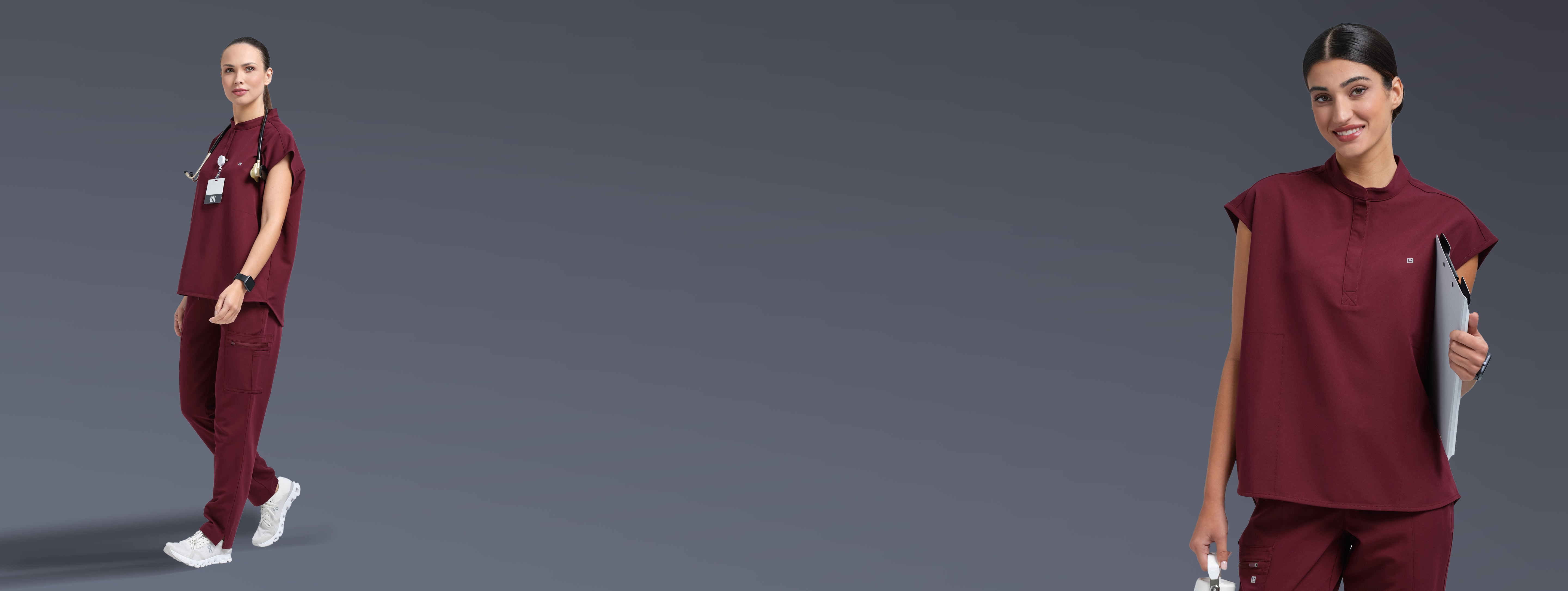 Person wearing maroon medical scrubs on a gray background