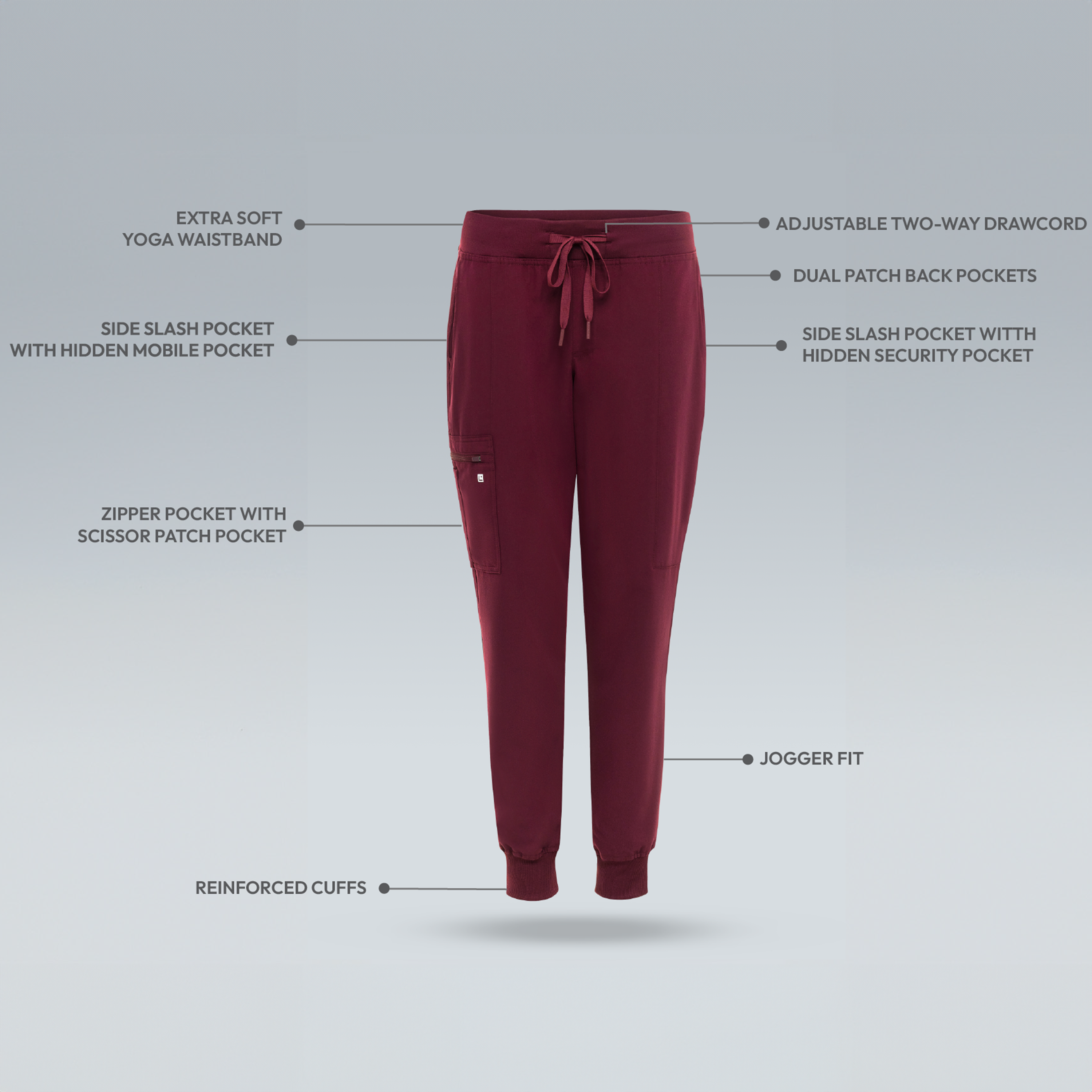 womens burgundy jogger scrub pants 