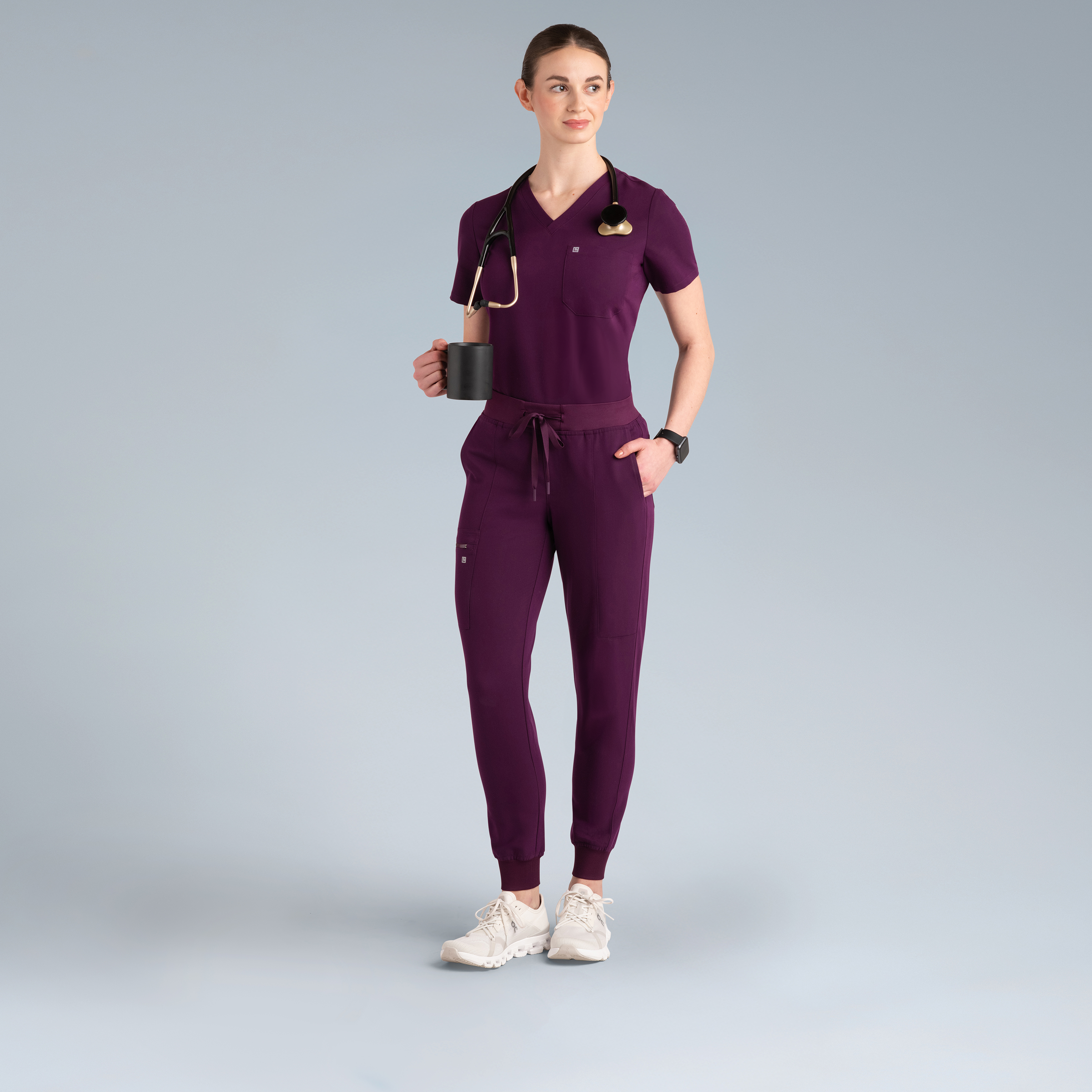 Selena Womens Jogger Scrub Pants Purple Wine